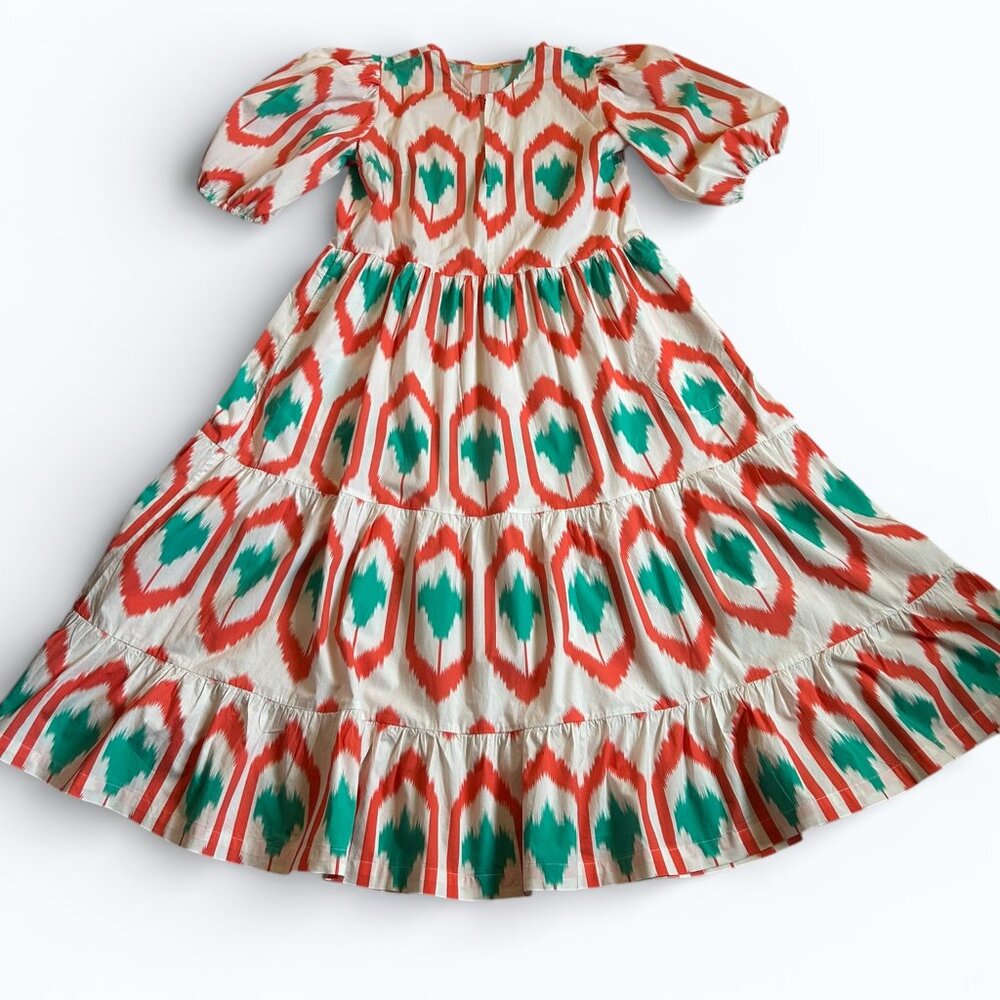 Oliphant Coral Odisha Bold Ikat Pattern Coral Turquoise White Cotton Dress Sz XL - Picture 2 of 7